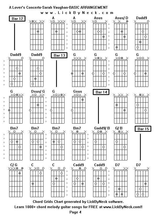 Chord Grids Chart of chord melody fingerstyle guitar song-A Lover's Concerto-Sarah Vaughan-BASIC ARRANGEMENT,generated by LickByNeck software.